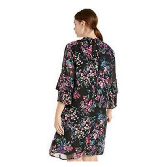 Sharagano 16W Black Floral Chiffon Shift Dress Tiered Sleeve Plus Size Boho - Picture 2 of 14